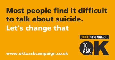 Social media image with the following text: Most people find it difficult to talk about suicide. Let's change that