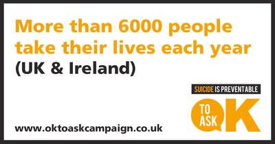 Social media image with the following text: More than 6000 people take their lives each year (UK & Ireland)