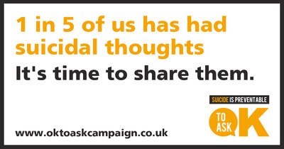 Social media image with the following text: 1 in 5 of us has had suicidal thoughts it's time to share them