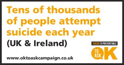 Social media image with the following text: Tens of thousands of people attempt suicide each year (UK & Ireland)