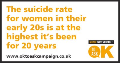 Social media image with the following text: The suicide rate for women in their early 20s is at the highest it's been for 20 years